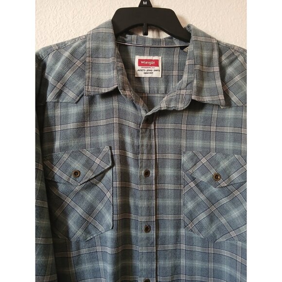 Wrangler Mens 2XL Casual Button Up Shirt Flannel Blue Plaid Long Sleeve Pockets - Picture 3 of 10